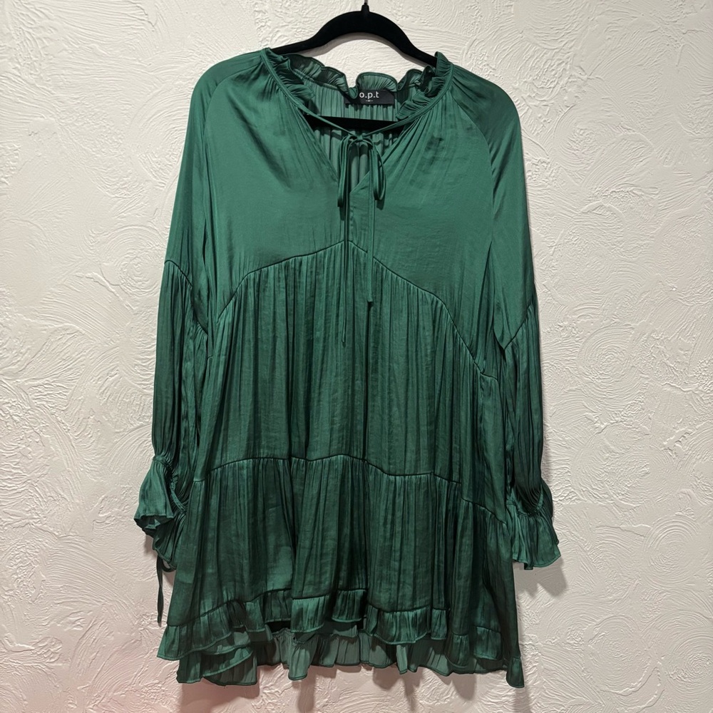 Anthropologie O.P.T. Juvianna Silky Long Sleeve Tiered Mini Dress Green Size M